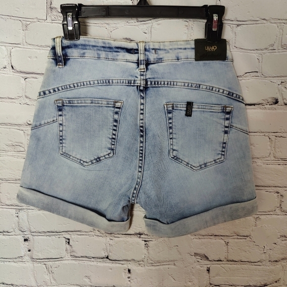 Liu Jo Denim Cuffed Shorts With Pearl Studs & Appliques NWT - Picture 2 of 5